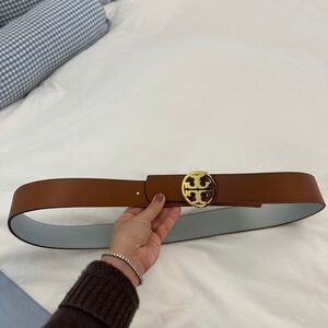 Tory Burch Tan Belt with Gold Logo Buckle